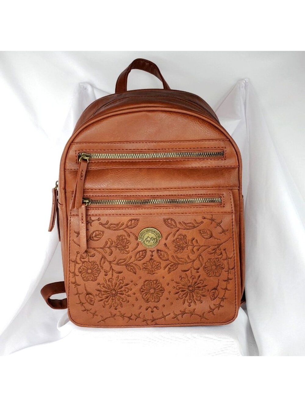 White Mountain Womens Tan Brown Faux Leather Backpack With Floral Embroidery NWT - Picture 1 of 9